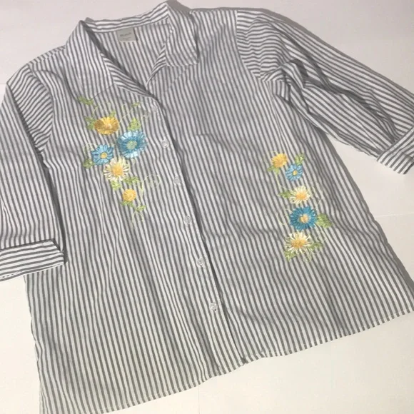 Blair vintage inspired embroidered flowers cottagecore womens striped shirt XL - Picture 1 of 7